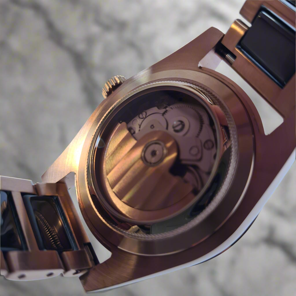 Close-up of a rose gold watch with mechanical components on a light blue background
