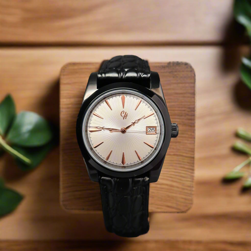 Wristwatch with black leather strap on a dark gray background