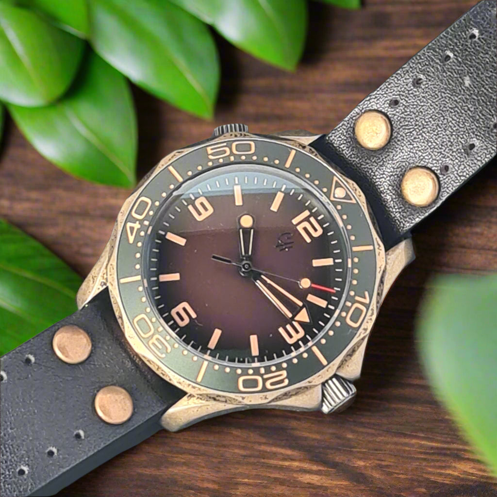 Wristwatch with a dark strap and brown dial on an oak table