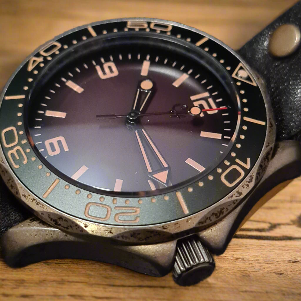 Close-up of a vintage-style wristwatch with a dark face and metallic casing ab oak table