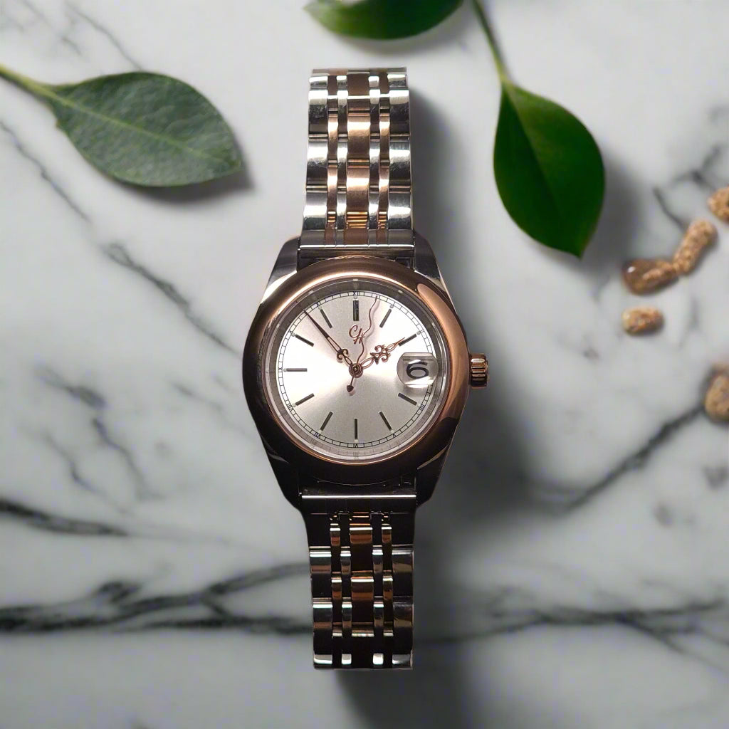 Silver watch with a dark background