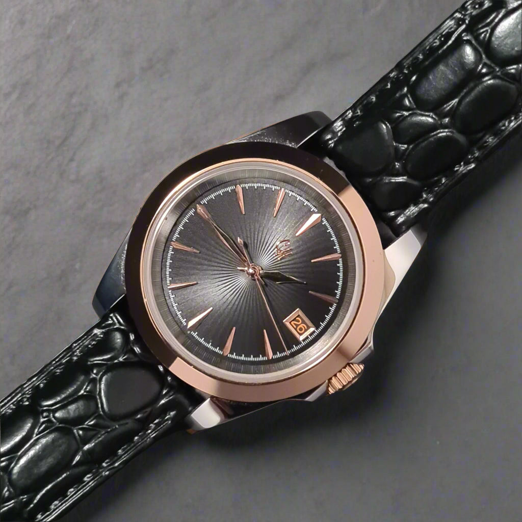 Luxury watch with black crocodile leather strap on a dark background