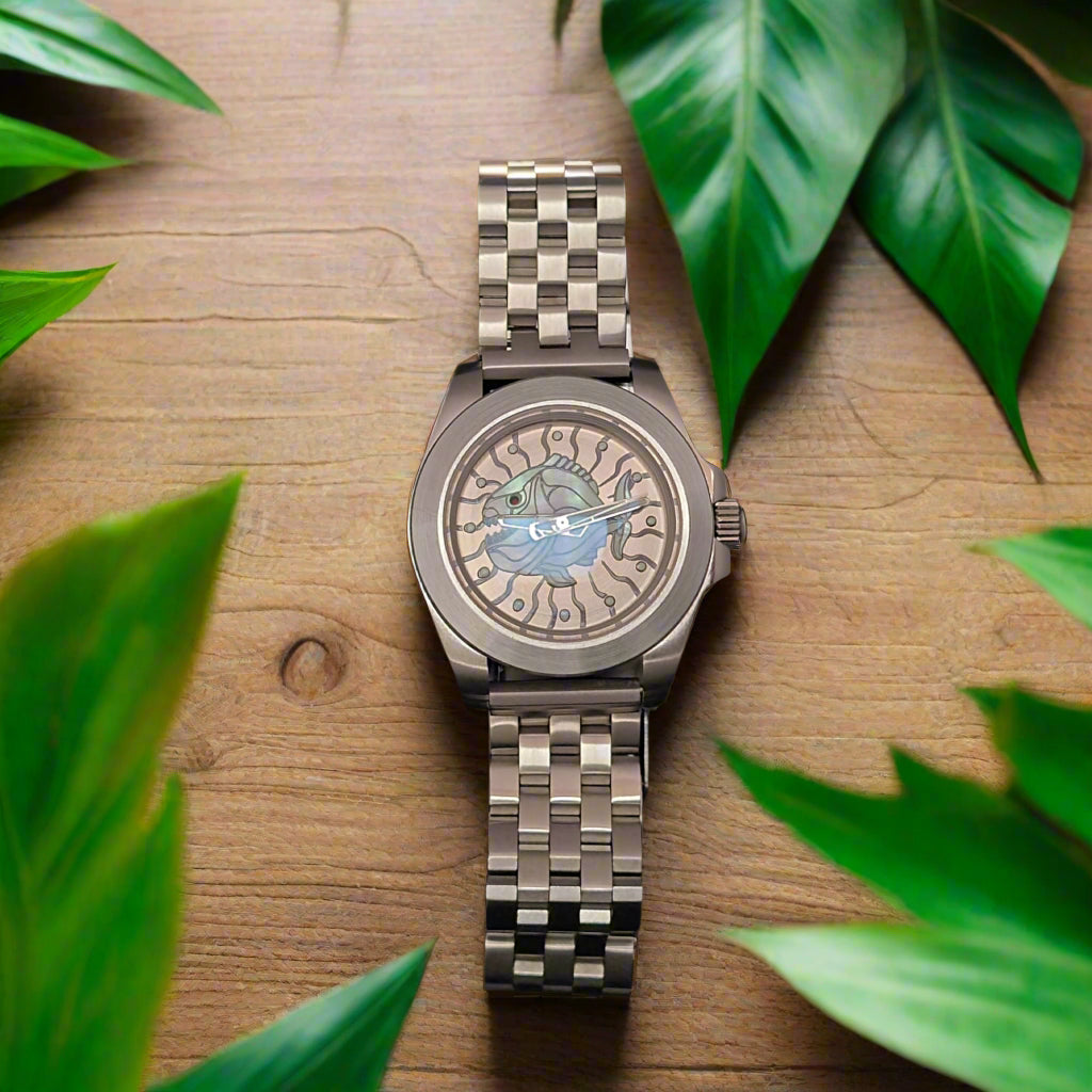 Silver watch with a unique face on a table