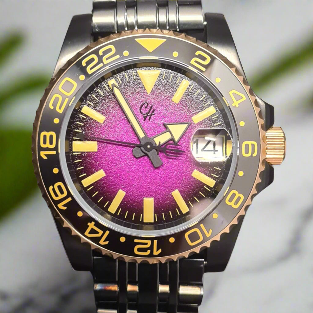 Watch with a purple face and yellow accents on a dark background